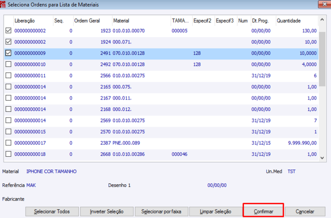 Filtro de Ordens - Geração da Lista de Materiais