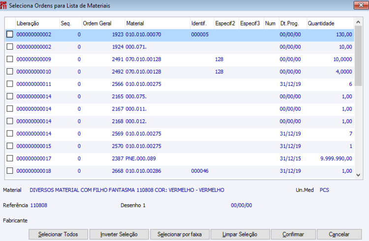 Seleciona Ordens para Lista de Materiais