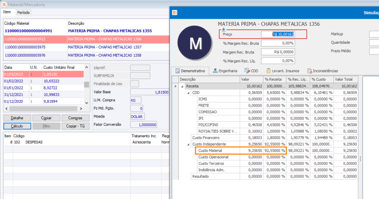 Simulação de preço Material Mercadoria IMG11