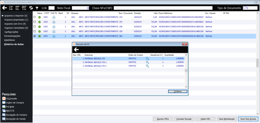 Vínculo CTe x Ordem de Compra